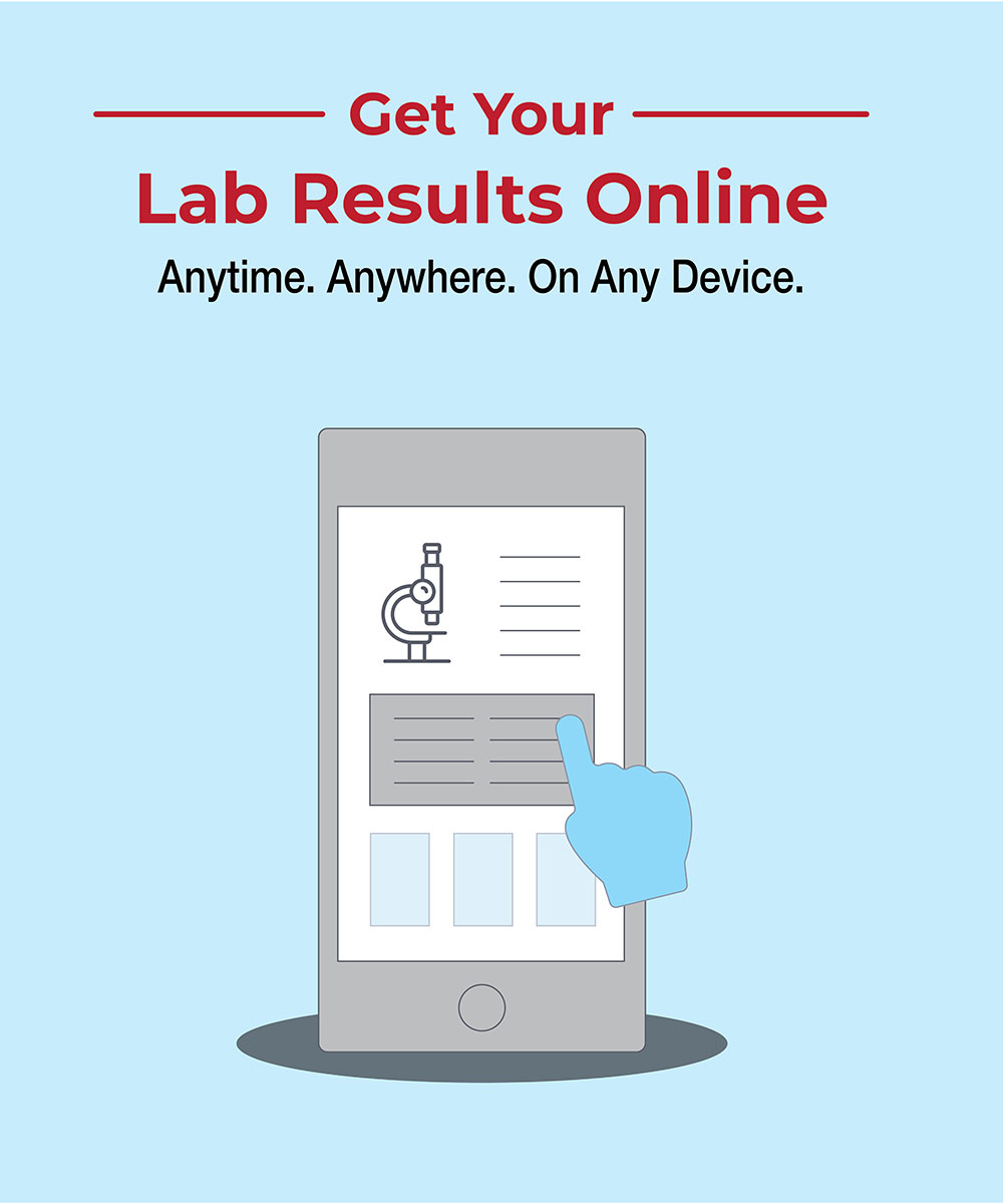 A graphic showing a tablet and how easy it is to get your COVID-19 lab results