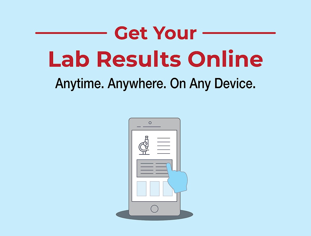 A graphic showing a tablet and how easy it is to get your coronavirus lab results