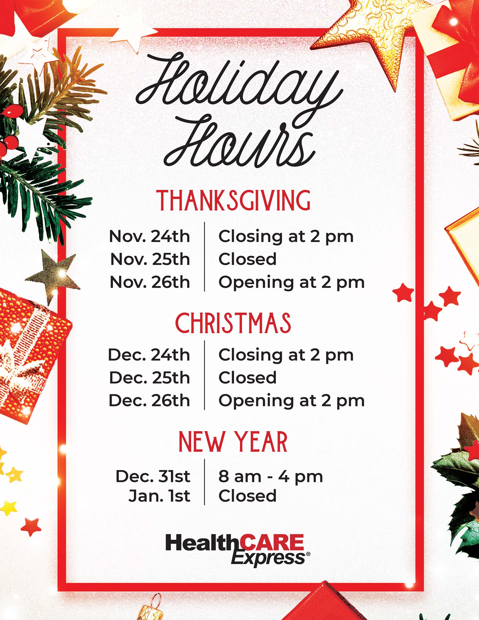 Festive computer graphic displaying the times HealthCare Express Urgent Care will be open on and around Thanksgiving, Christmas, and New Years!