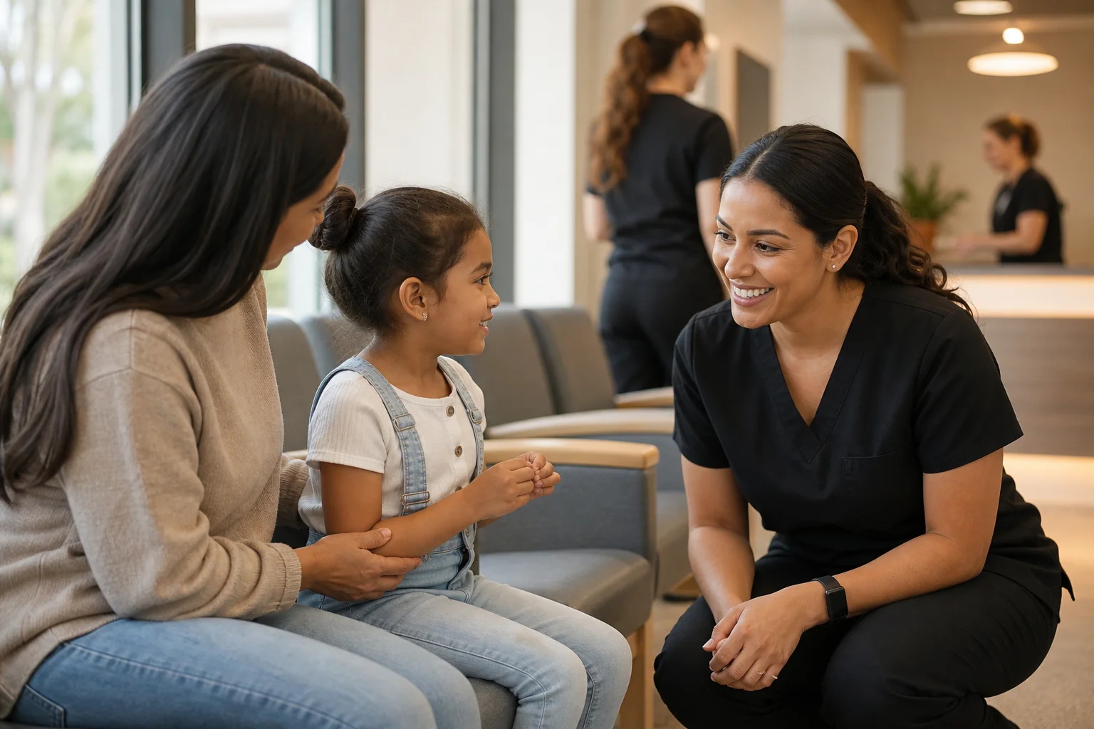 Parent and child with a nurse in a clinic waiting area