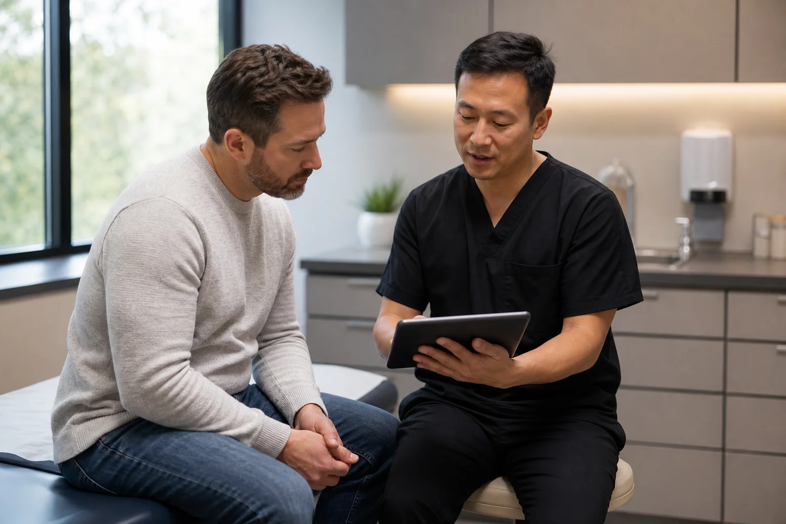 Doctor reviewing imaging results on a tablet with a patient