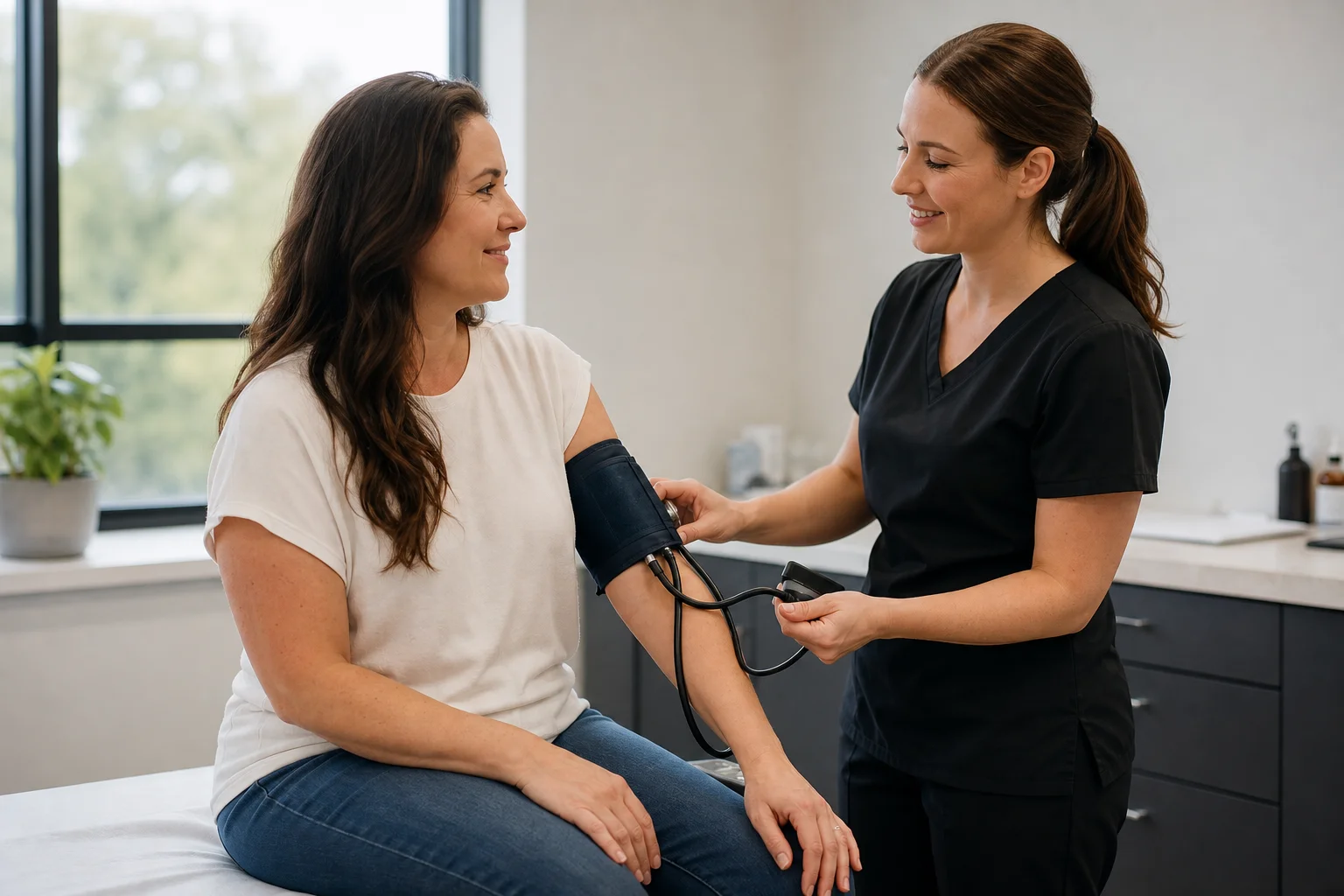 Nurse checking a patient's blood pressure during a wellness visit
