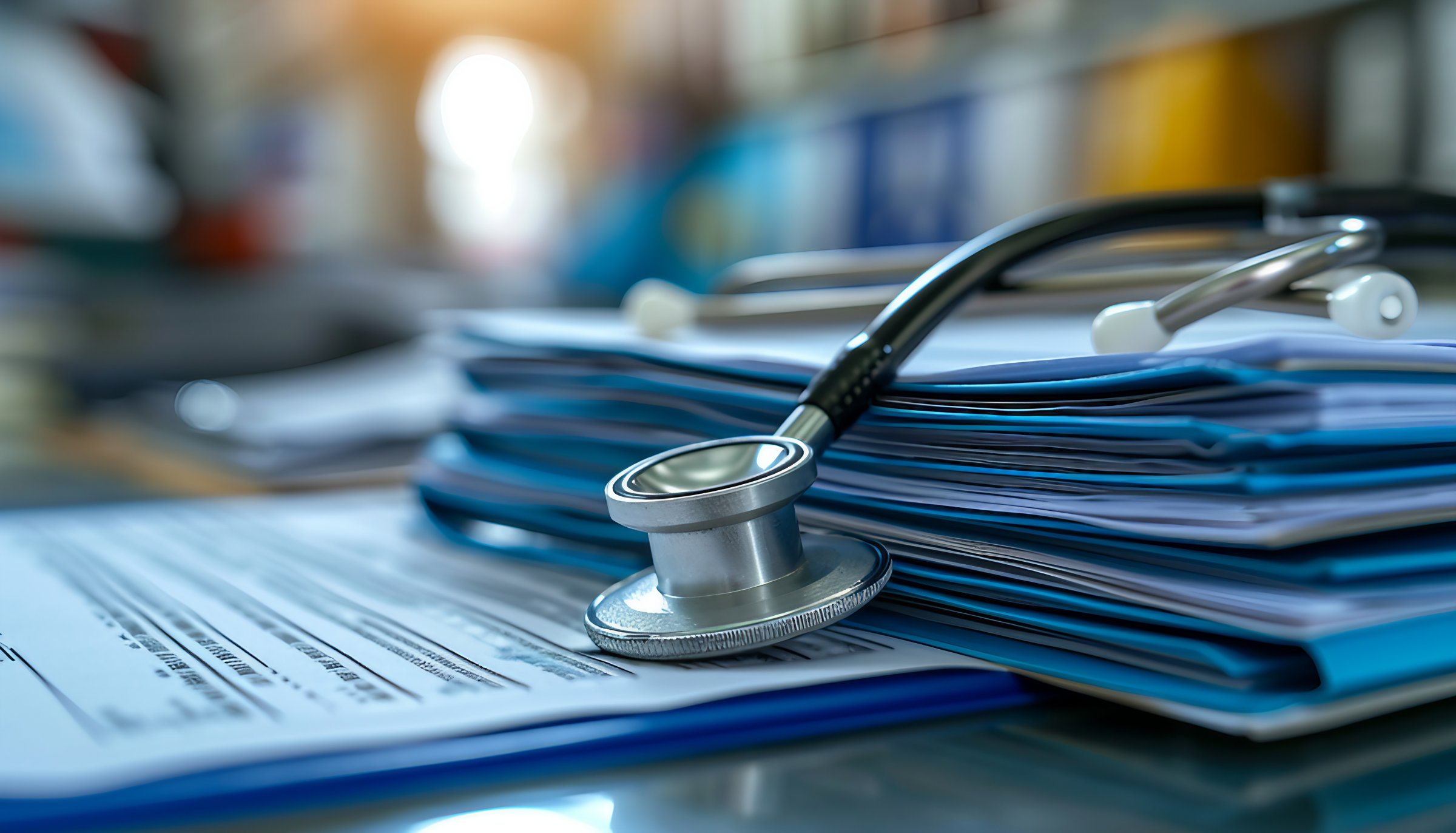 Stethoscope resting on medical paperwork and folders on desk