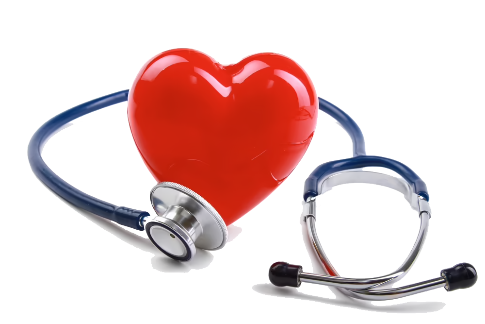 A stethoscope surrounding a red heart