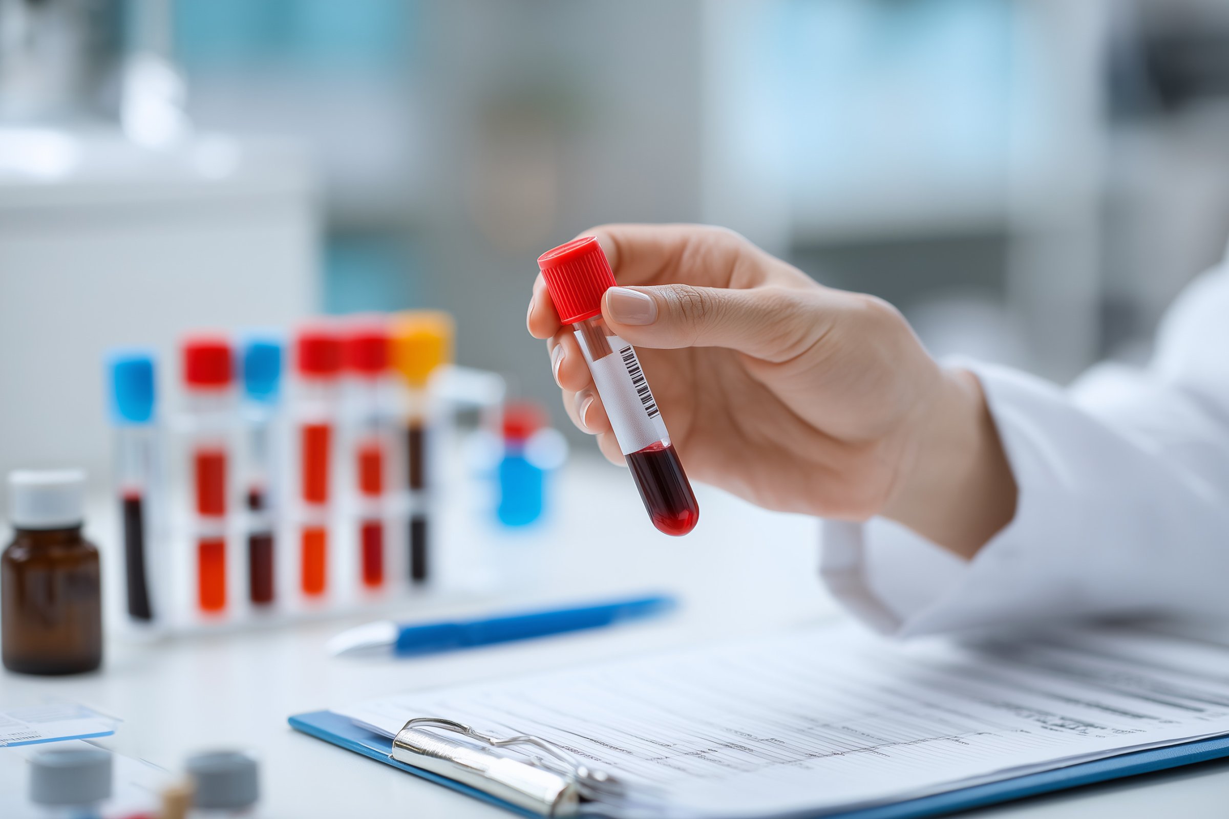 Lab technician holding a labeled blood sample tube